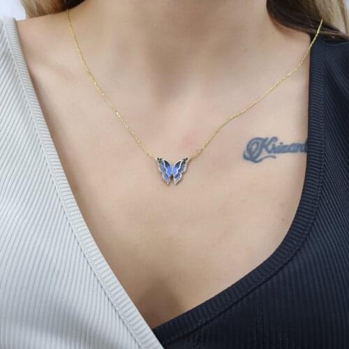 Enamel 2 Piece Butterfly 925 Sterling Silver, Gold, Rose Plated Necklace For Women Girls Handmade Jewelry Elegant Minimalist