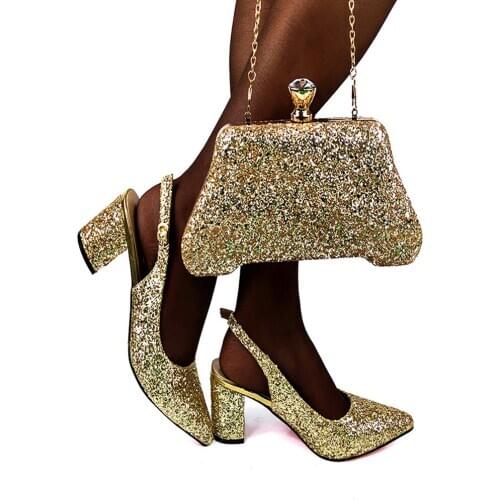 African Shoes and Bag Set Italian Set in Gold Color Nigerian Shoes with Matching Bags for Royal Wedding Party