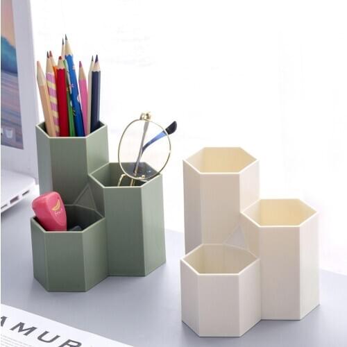 Yisuremia Large Capacity Hexagonal Pen Holder 3 Grid Desk Organizer Plastic Desktop Storage Box Office School Stationery