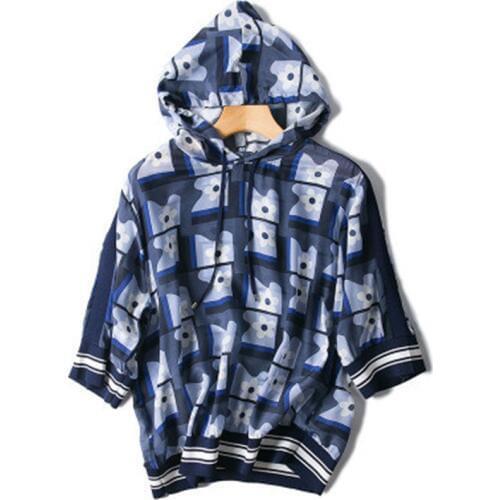Women fashion dot printed hooded silk tshirt spring autumn tees half sleeve blue 2color M/L retail wholesale