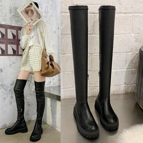 Womens Shoes Simple Style Popular Cow Leathe Stretch Boots Round Toe High Heels Winter Women Keep Warm Solid Thigh High Boots
