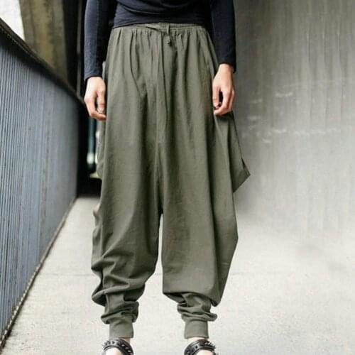 Plus Size Men Trousers Vintage Solid Color Loose Sports Harem Pants Wide Leg Elastic Band Long Pants