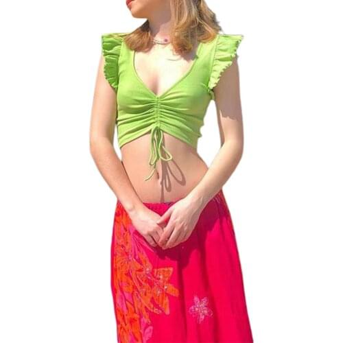 Women Solid Green Vest Sexy Drawstring V-Neck Exposed Navel Ruffles Sleeveless Tank Tops Girls Summer Casual Short Top