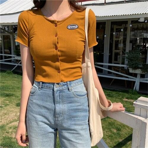 Women Slim Fit O-Neck Short Sleeve Ribbed Knit Crop Top Casual Single-Breasted T-Shirt High Waist Party Vacation 2021 Tees