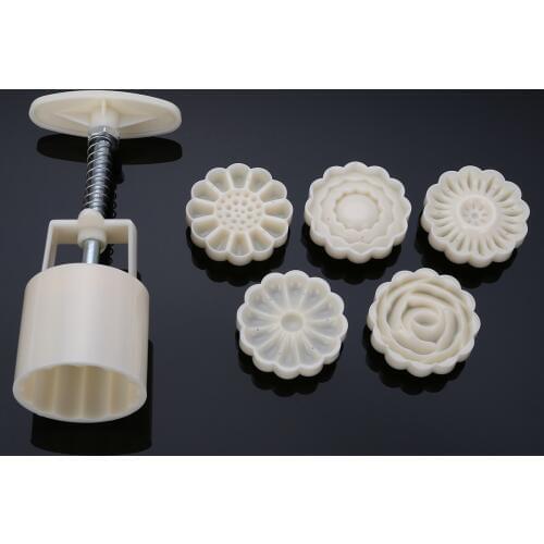 1 Plastic Pressure 3D Mooncake Mold DIY Cookies Biscuits Cake Mould Cutters with 6 Pattern Stamps Useful Kitchen Baking Tool