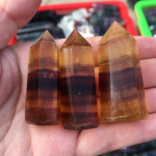 3pcs Natural quartz yellow fluorite crystal wand point healing points 100g