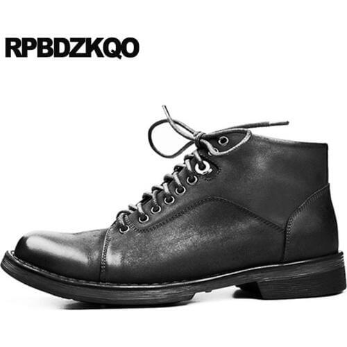 Genuine Leather Black Lace Up Retro Combat Boots Military Army Booties High Top Italian Men Autumn Shoes Full Grain Designer