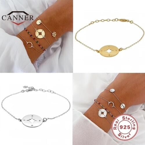 CANNER Fashionable Real 925 Sterling Silver Compass Bracelets for Women Adjustable Bead Girls charm Bracelet Jewelry pulseras