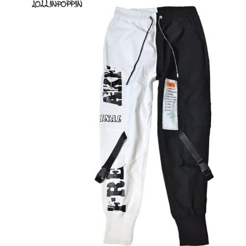 Streetwear Black & White Patchwork Men Casual Jogger Pants Drawstring Elastic Waist Letters Printed Cargo Trousers Hip Hop