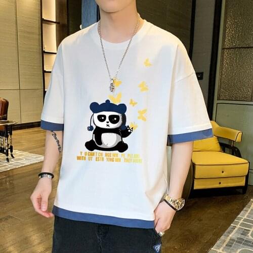2021 Summer New Style O-Neck T-Shirt Cartoon Panda Short-Sleeved Mens Fake Two-Piece Base Shirt Fashion Loose Print Youth