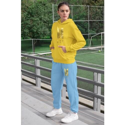 Angemiel Wear BTS Korean Women Tracksuit Set Yellow Hooded Sweatshirt Blue Sweatpants