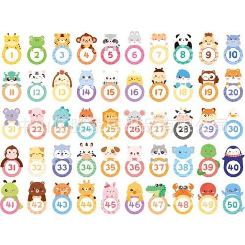 Cute 1-50 Cartoon Digital Number Mark Stickers Water Cup Paste for Kindergarten Sticker PVClittle Animal Wall Sticker for kids