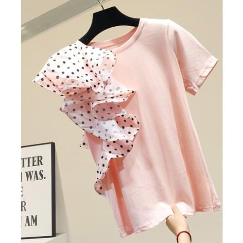 Summer Fashion T Shirt Women Stitching Polka Dot Cotton T-shirt Dot Ruffles Tshirt Girls Ladies Short Sleeve T Shirt Ropa Mujer