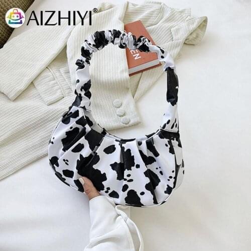 Fashion Women PU Leather Animal Pattern Printing Pleated Shoulder Underarm Bag Casual Ladies Small Hobos Handbags