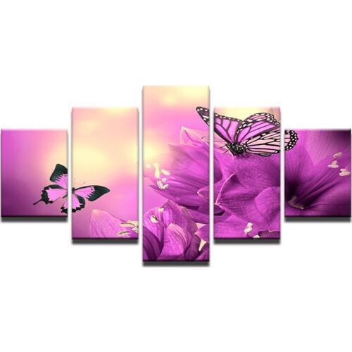 Hd Printed Modular Picture Large Canvas Painting for Bedroom Living Room Home Wall Art Decor 5 Panel Purple Butterflies
