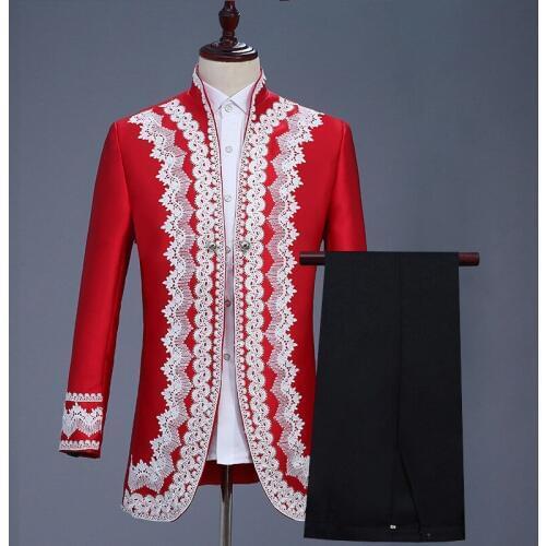 Mens Retro Palace Dresses Red Suit Prince Dresses Stage British PerforMence Dresses 2 Piece Suit Coat Pant Red Mens Suit
