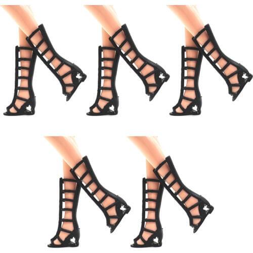 NK 5 Pairs Doll Shoes Black Hollow High Heels Fashion Sandals For Barbie Doll Accessories High Quality Baby DIY Toy 005B