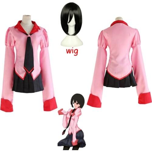 Owarimonogatari Oshino Ougi Anime Cosplay Wigs Bakemonogatari Halloween Party Pink School Uniforms 3pcs / set