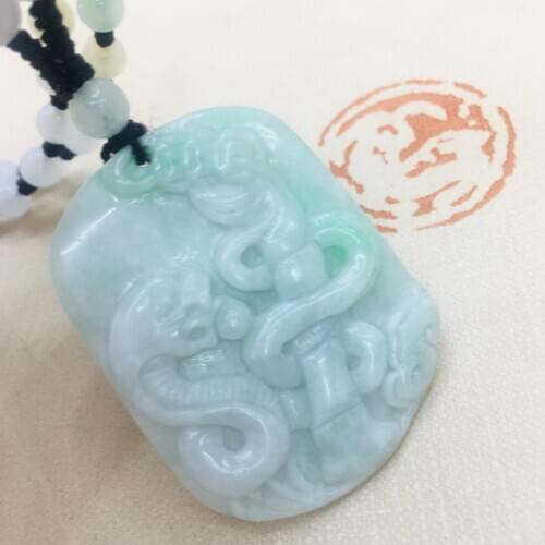 Pure natural Emerald jade hand carved engraving two-color zodiac snake pendant three-color jade bead necklace men and women swea