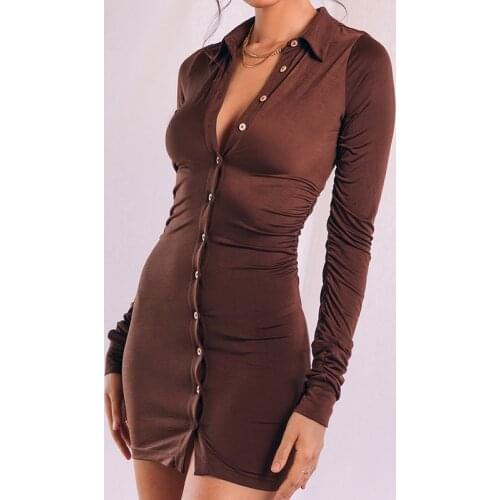 Sexy Fashion Shirt Dress Mini Ruched Stretch Single Breasted Fashion Split Long Sleeve Robe Spring Women Casual Party Dresses
