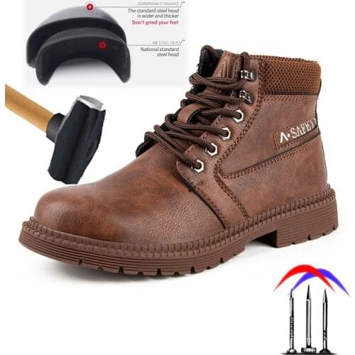 Outdoor work shoes, anti-smashing and anti-piercing protective shoes, mens high-top strapping, tendon-soled safety shoes