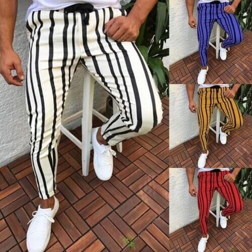 Chic Men Vertical Stripes Print Drawstring Skinny Pencil Pants Sports Trousers Male Street Fashion Breathable All-match Trousers