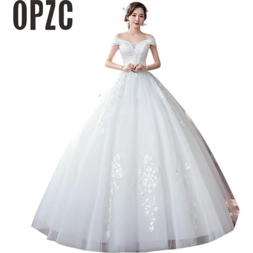 Sequined Boat neck Off Shoulder Wedding Dress 2020 Korean style Gown Vestido De Noiva Plus Size Bridal Frock Robe De Mariage