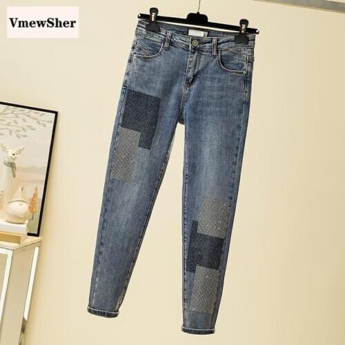 VmewSher New Vintage High Waist Women Jeans Shiny Rhinestone Female Fashion Casual Pencil Pants Ankle Length Trousers Streetwear