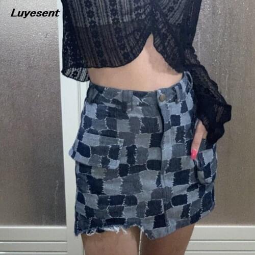 Denim Korean Fashion Lady Mini Skirt Women Punk A-line Irregular Spliced Skirts Pocket Zipper Empire Y2k Harajuku Lining Clothes