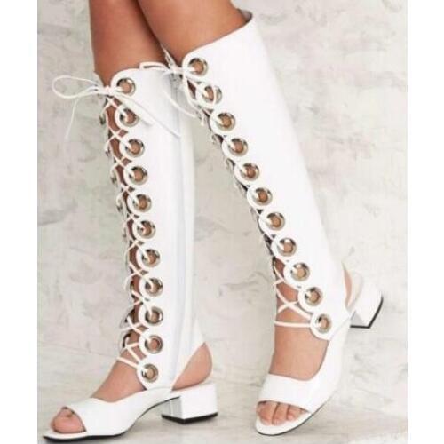 Summer Ladies White Grommet Cross-tied Sandals Boots Med Chunky Heel Rome Long Tube Knee High Boots Summer Sexy Women Botas