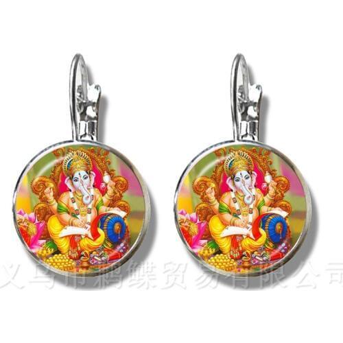 New Fashion Glass Time Gem Earrings 16mm Ganesha Buddha Elephant DIY Women Girls Jewelry Souvenir For Creative Gift