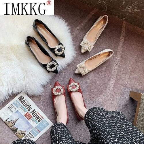 Women High Heels Pearl Rhinestones Decoration Low Heel Lady Pumps Sweet Elegant Beige Black Party Dress Shoes Chunky Heels 3cm