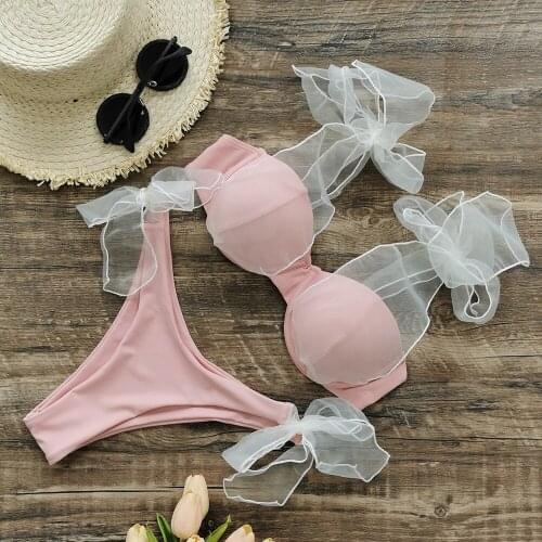 2021 Women Swimsuit Two Piece Bikini Ins Solid Pink Bra Tops Panties Mesh Patchwork Sweet Sexy Swimwear Ladies Swim Bathing Suit