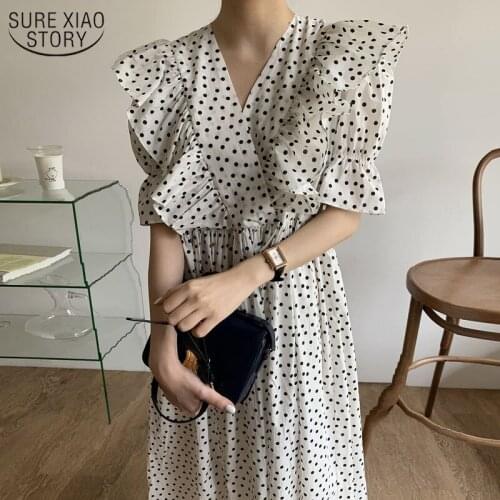 2021 Polka-dot Ruffled V-neck Chiffon Dress Short Sleeve Long Dress Vintage Pleated Dress Women Elegant Dress 13705