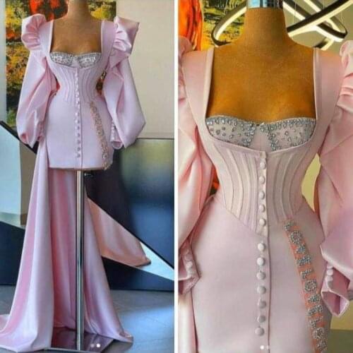 Pink Beading Prom Dresses With Train Beading Long Sleeve Evening Gowns Party Dress For Women Robe De Soiree