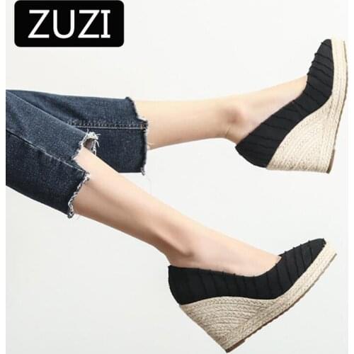 ZUZI Womens Wedge Sandals 2021 Spring and Autumn New Style Shallow Mouth High Thick-heeled Platform Shoes Womens Straw Woven