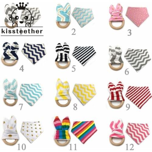 1set(2pc)Toddler Scarf Bib Bunny Ears Teether Toy Montessori Infant Teething Gift With Organic Natural Wooden Ring Baby Teether