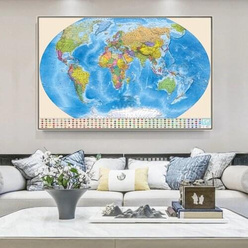 225*150cm In Russian The World Map With Flags Wall Art Poster Vintage Non-woven Canvas Painting Living Room Home Decoration