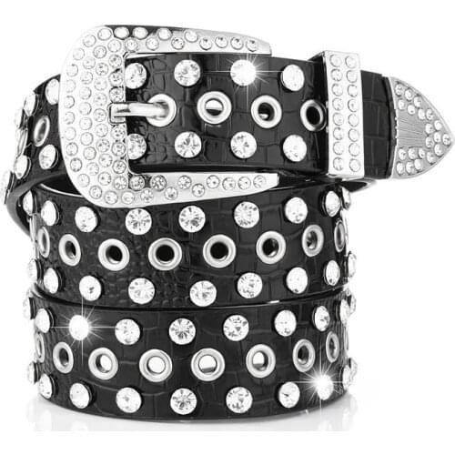 Black Leather Belts for Women Punk Goth Diamond Studded Belt Female Multi-colors Sparkle Rhinestone Corset Womens Luxury Belt