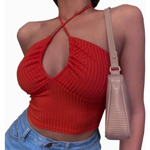 Women Corp Tops Solid Color Cross Halter Backless Slim Fit Ribbed Elastic Vest Sexy Ladies Hollow Tie Up Club Street