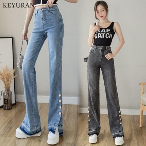Spring Flare Jeans Women Denim Pants High Waisted Slit Leg Vintage Streetwear Bell Bottom Fashion Clothes Cut Out Full Length