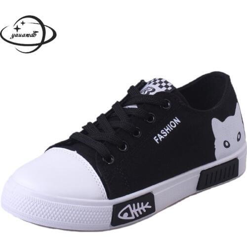 Women Vulcanize Shoes Female 35-40 Spring/autumn Canvas Shoes Lace-up Sewing Cartoon Cat Letter Flat Casual Ladies Shoes Y22