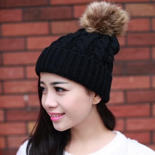 Classic Girls Beanies Fur Pompom Female Knitted Crochet Hats Thick Bonnet Hats for Autumn Winter