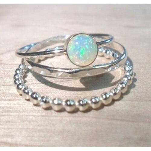 3 Pcs Opal Ring Group Silver Color Mini Thin Band For Woman Nobility Jewelry Luxury Female Cocktail Party Finger Accessories