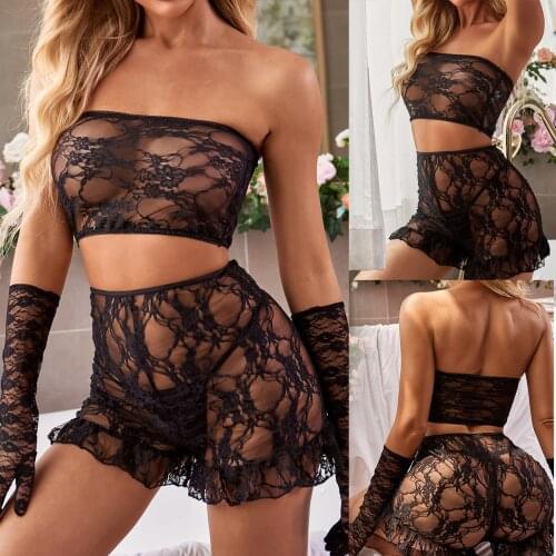 3pcs Transparent Sexy Lingerie Set Woman Underwear Women Lace Lenceria Sensual Mujer Pijama Underpants Gloves Pajamas Outfits