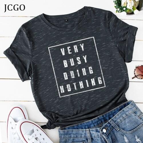 JCGO Summer Fashion Women T-shirt Cotton 4XL 5XL Plus Size Busy Letters Print TShirts Casual Short Sleeve Ladies Basic Tee Tops