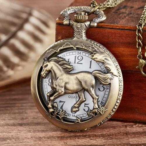 Antique Bronze Orologio Taschino Horse Hollow Quartz Pocket Watch Necklace Chain Pendant Womens Men Watches Gifts