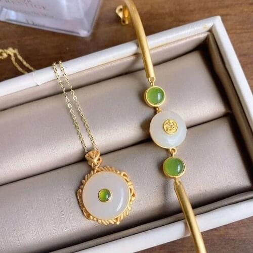 Jade Necklace Womens Sterling Silver Gilding Inlaid Natural Hetian Jade Safety Buckle Pendant Jade Vintage Necklace Womens