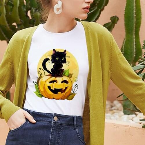 New halloween Cat and pumpkin 2019 t shirt women fashion Harajuku Short Sleeve t shirt White Comfortable Tshirt Tops clothing