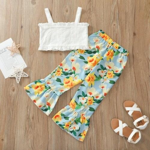 Toddler Baby Girl 2Pcs Casual Outwear Button Suspender Tops Camisole + Flower Trumpet Pants Trousers Infant Kids Clothes